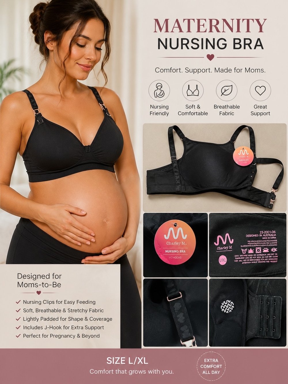 Charley&Me Black Maternity Nursing Bra - Soft Stretch Support